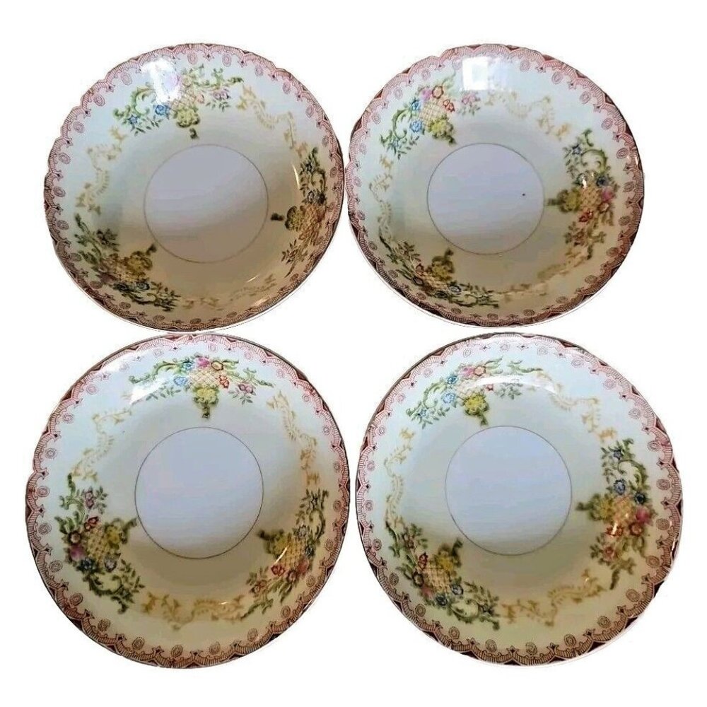National China Fruit Dessert Bowls 5" set-4 Japan red rim tan lattice floral